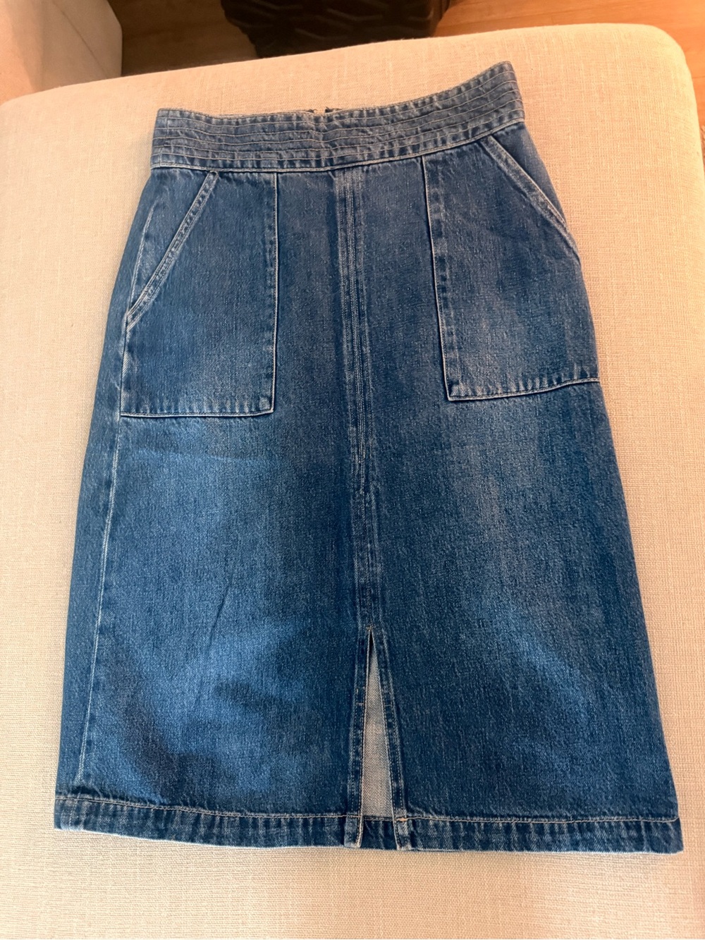 Frame Denim Mid-Length Blue Denim Pencil Skirt with Front Patch Pockets